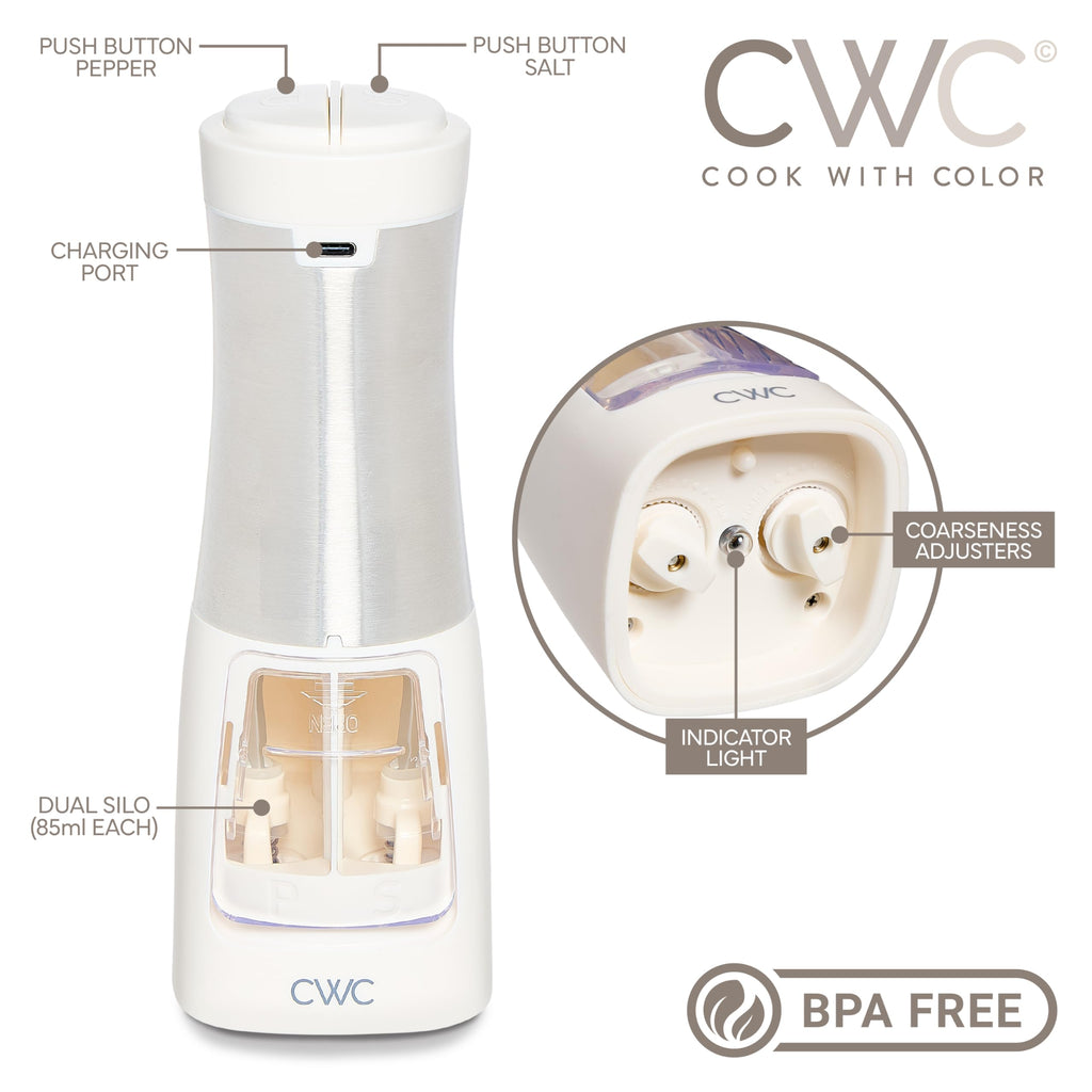 Rechargeable Salt & Pepper Shaker - 2-in-1 Grinders for Salt and Pepper