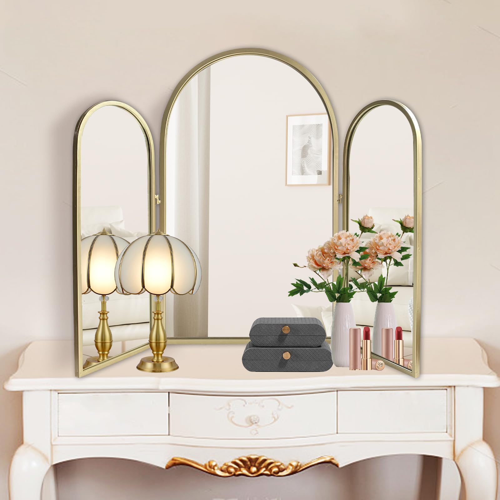 Trifold Vanity Mirrors 3 Way, 30 x 37in Adjustable Vanity Mirrors for Bathroom, Bedroom, Champaign Golden Arch Mirrors Wall Mounted Decoration, 360° Way
