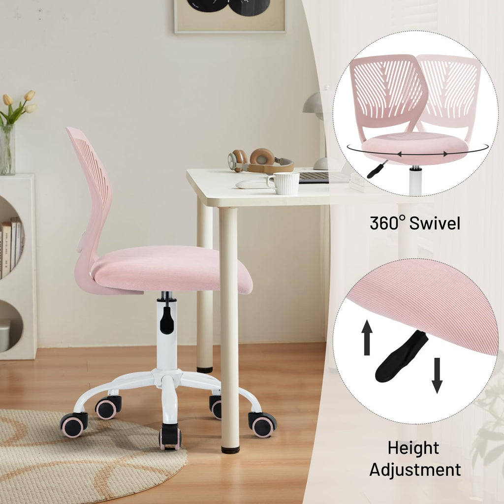 Study Desk Chair Armless Cute, Ergonomic Small Swivel Adjustable Rolling Lightweight Task Chair with Wheels and Mesh Padded Cushion