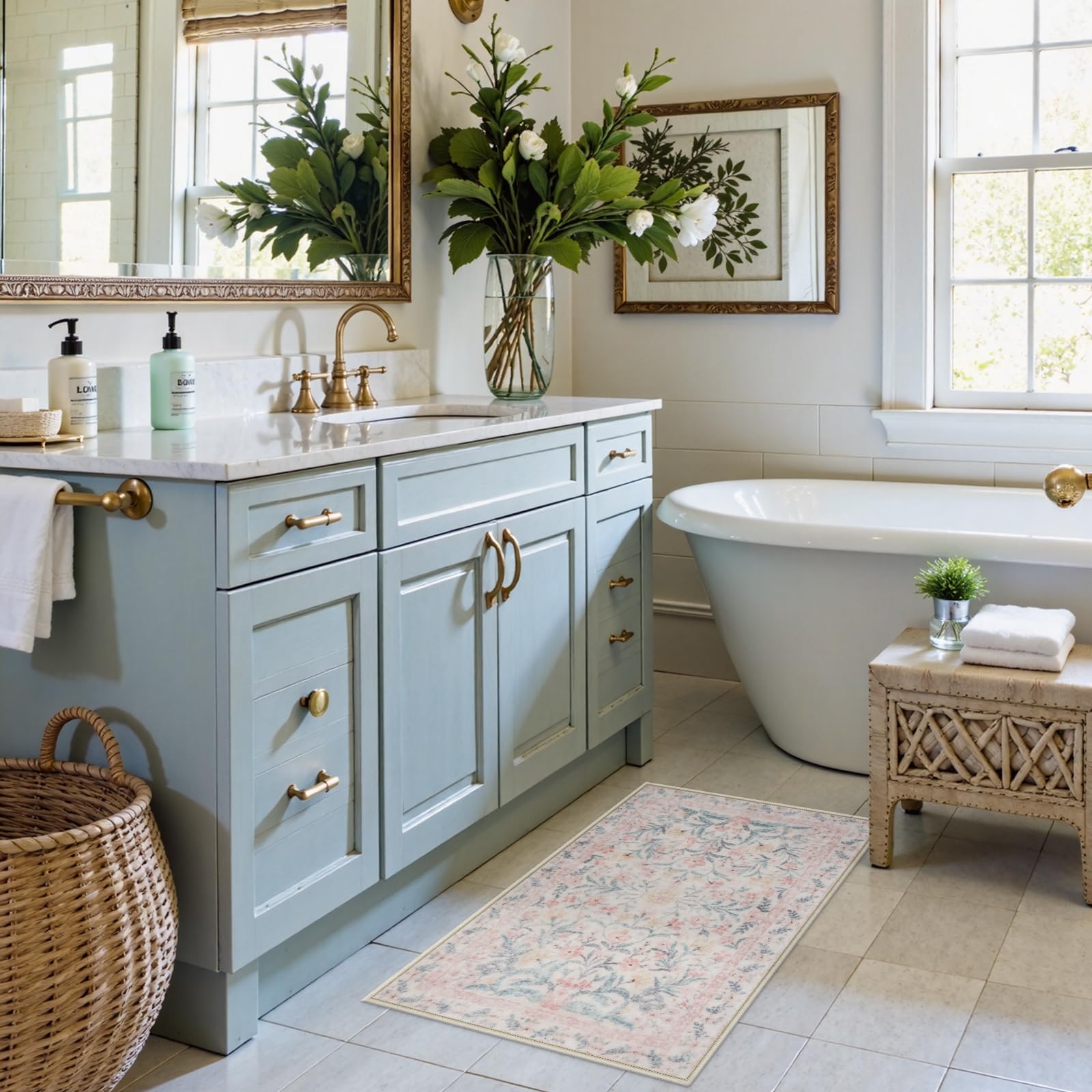 New Boho Floral Bath Rugs, Non Slip Washable Bathroom Rugs Fit Under Door, Ultra Soft and Absorbent Bath Mat