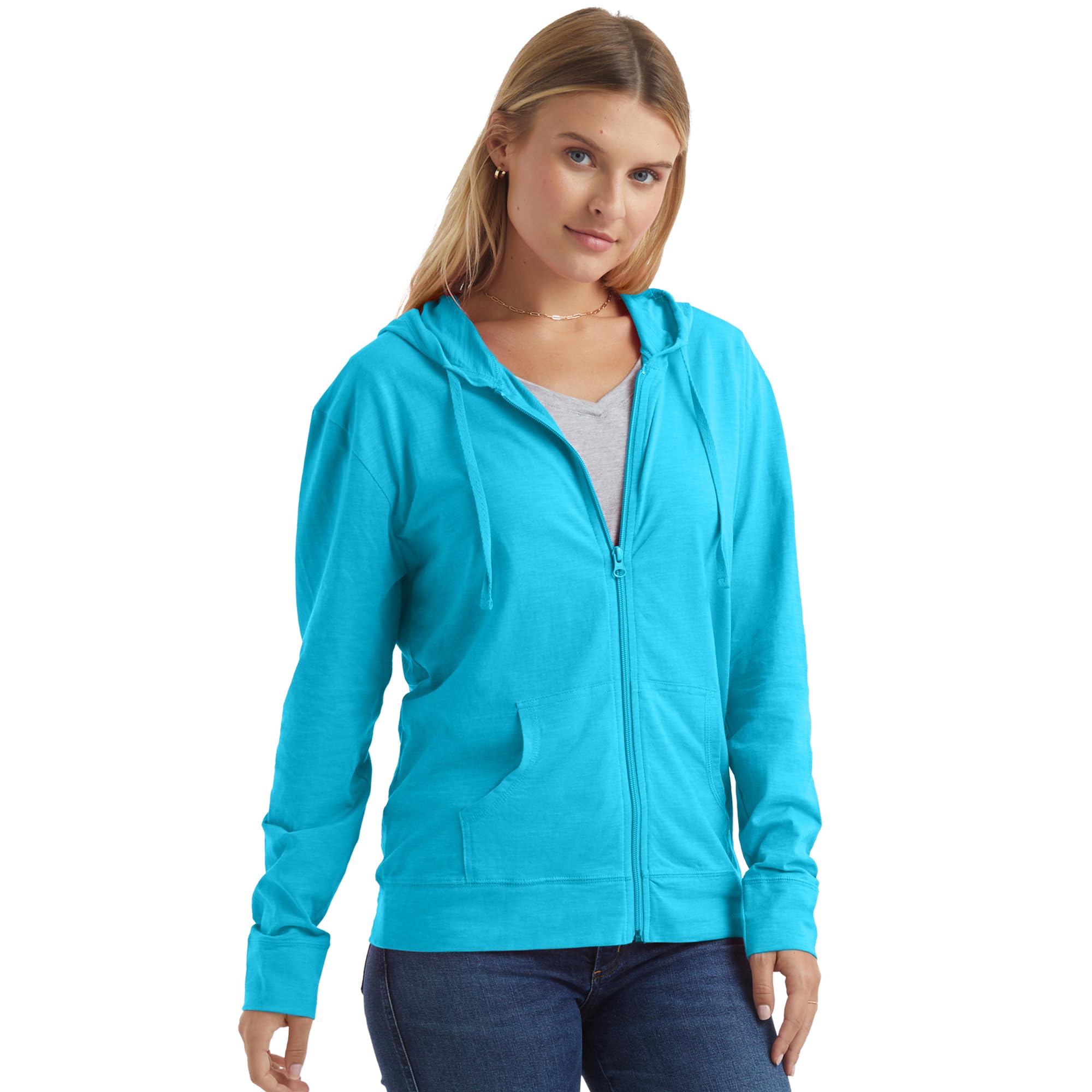 Women's Slub Knit Full-Zip Hoodie, Textured Cotton Zip-Up T-Shirt Hoodie
