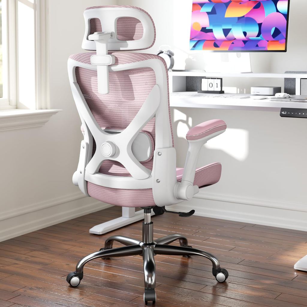 Ergonomic Desk Chair-Computer X-Shaped Chair Mesh PU Leather with Adjustable Lumbar Support-Executive Chair High Back with Headrest Flip-Up Arms for Long Hours