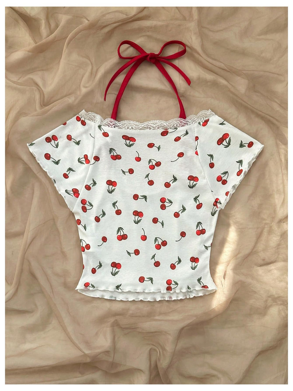 Women's Cherry Print Lace Trim Tee Shirt Halter Neck Short Sleeve Crop Tops