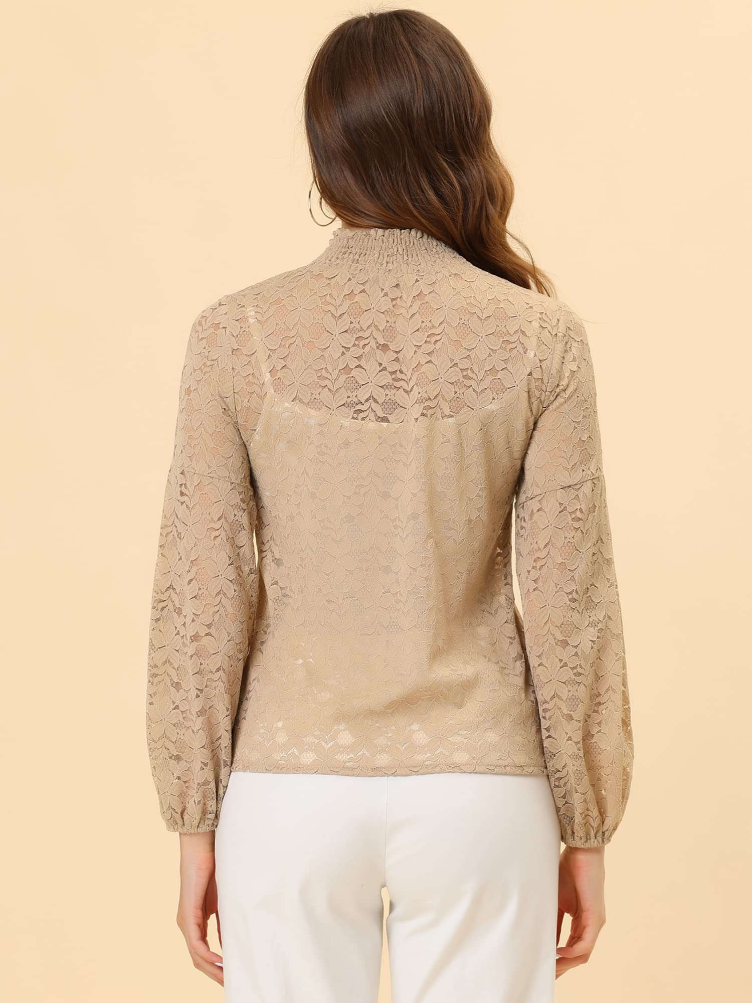 Floral Lace Top Turtleneck Puff Long Sleeve See Through Sheer Blouse