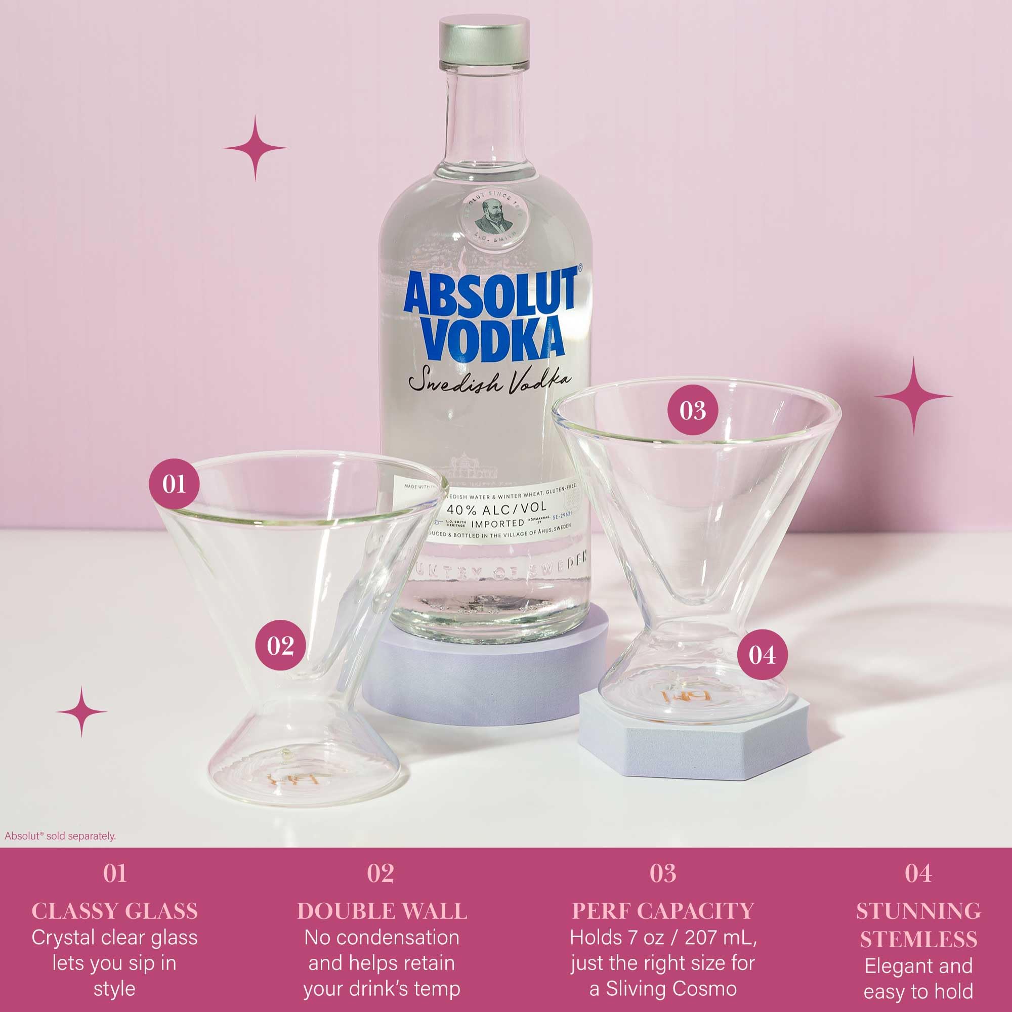 Paris Hilton 2-Piece Martini Glass Set, Double Wall Glass Design, Iridescent with Glitter Hearts - 207mL 7-Ounce