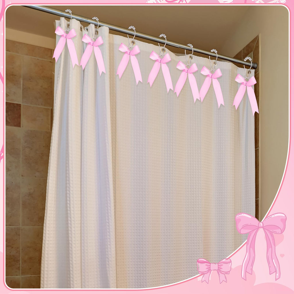 Cute Bow Knot Ribbon Curtain Hooks Decorative Shower Rings Hanger Bathroom Decor Bathroom Accessories 12 Pcs