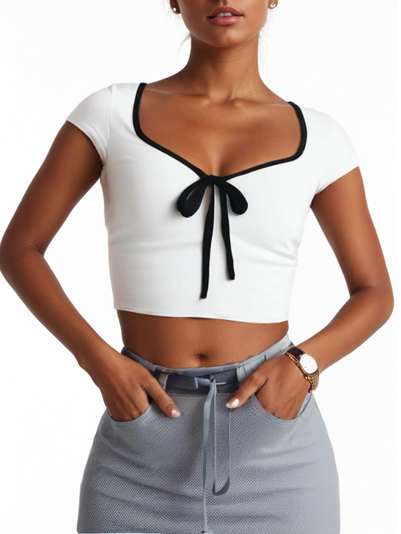 Womens Summer Short Sleeve Bow Square Neck Baby Tees Color Block Basic Crop Tops