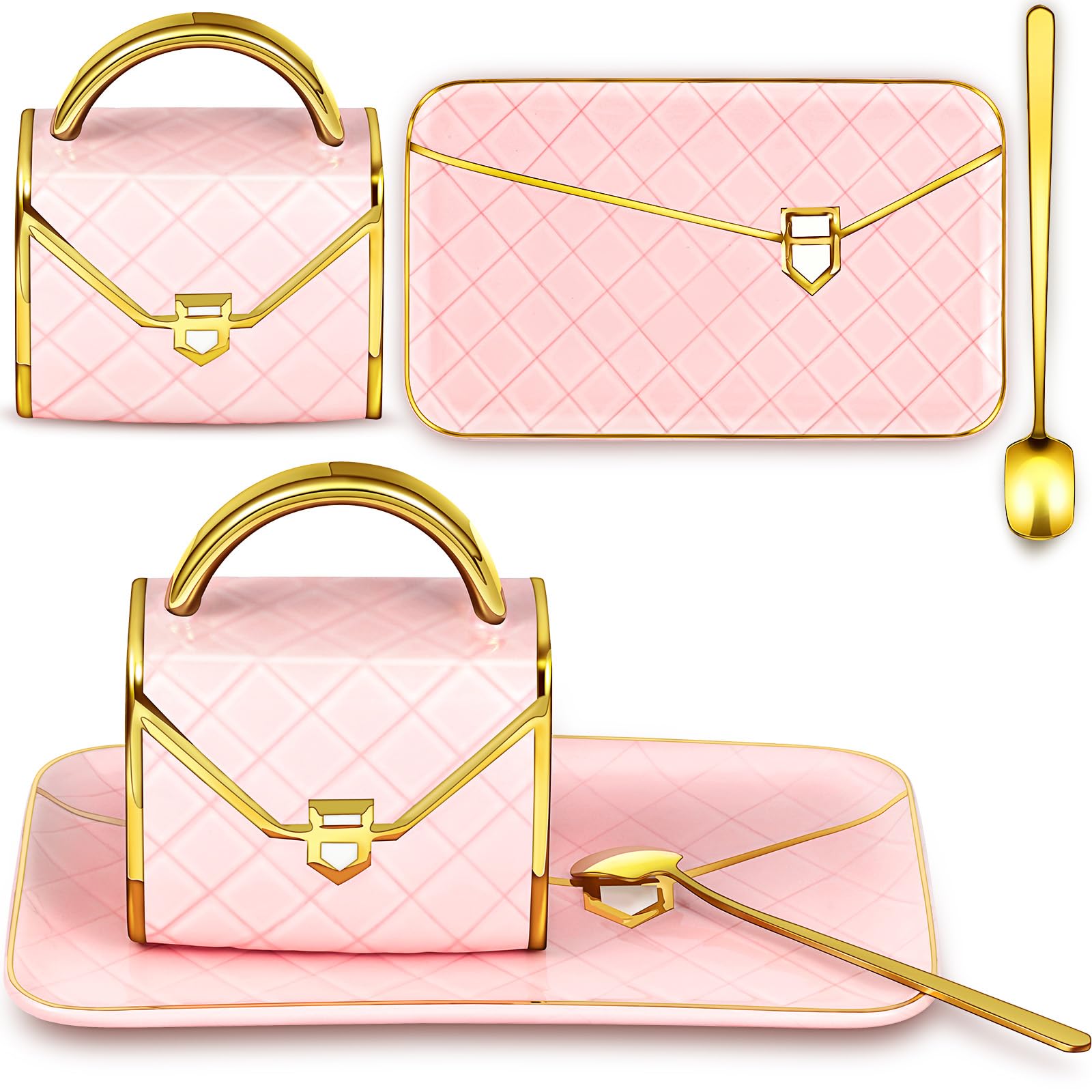 Set Coffee Mug Elegant Handbag Shaped Cup Modern Ceramic Purse Mug with Spoon and Saucer, 10oz Cute Creative Tea Cup