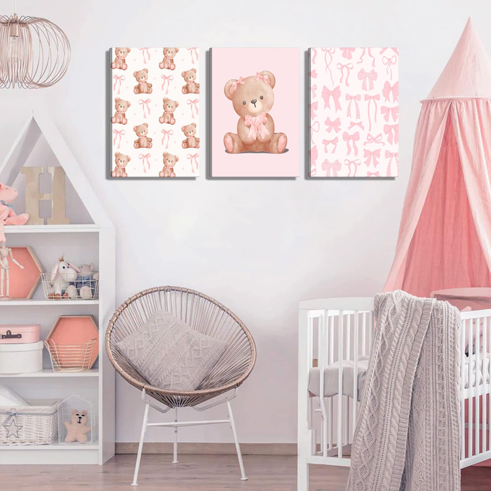 Pink Teddy Bear Wall Art Coquette Bow Wall Decor Pictures Cute Animal Nursery Canvas Posters Prints 3Pcs