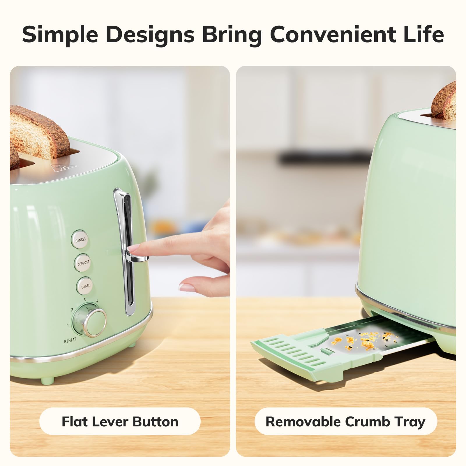 Toaster 2 Slice Stainless Steel with 6 Bread Shade Settings, Retro Toaster with Extra Wide Slot