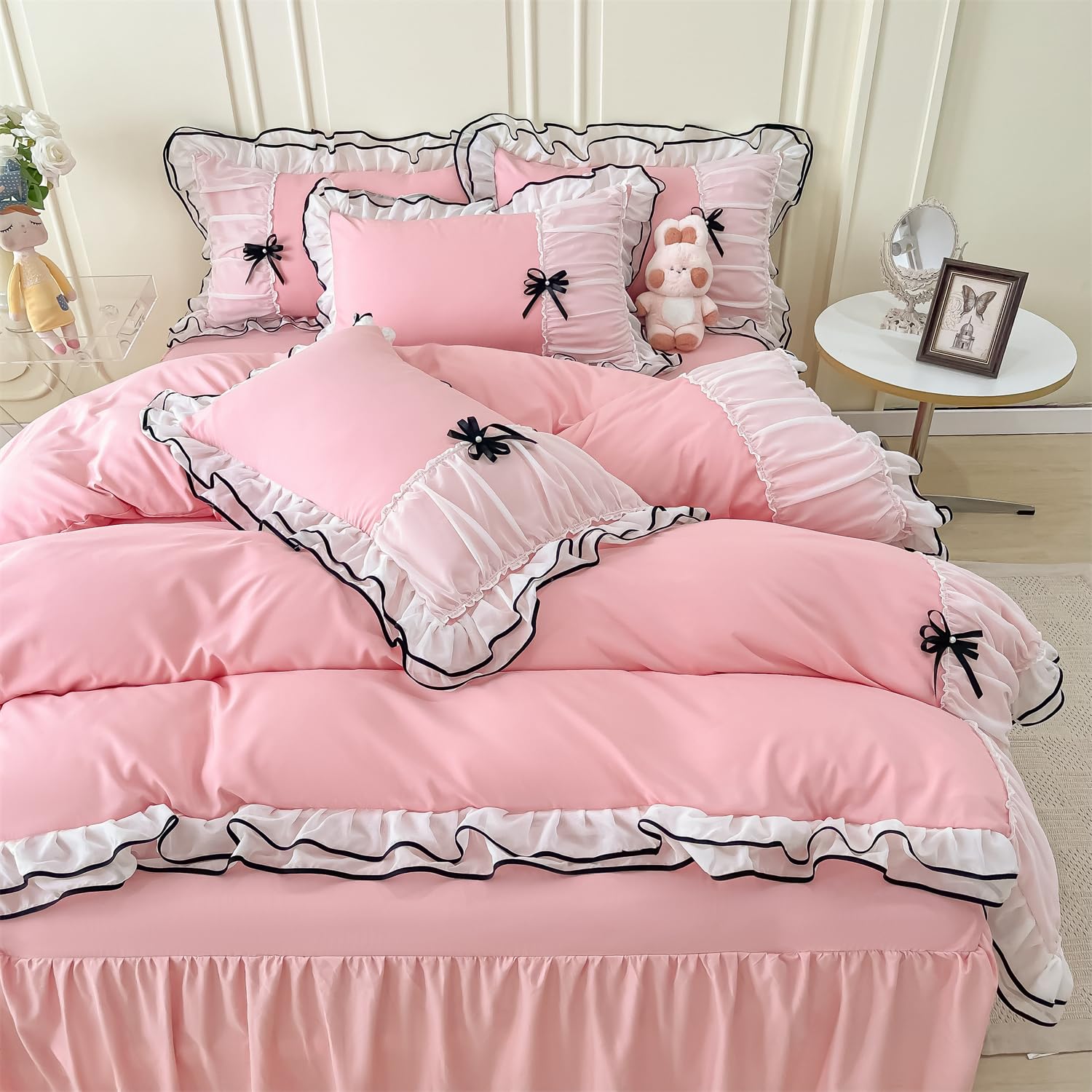 Duvet Cover Ruffle Beddding Set with Bowtie - 3 Pieces Comforter Cover Set with Zipper Closure & Pillowcase - Comforter Not Included
