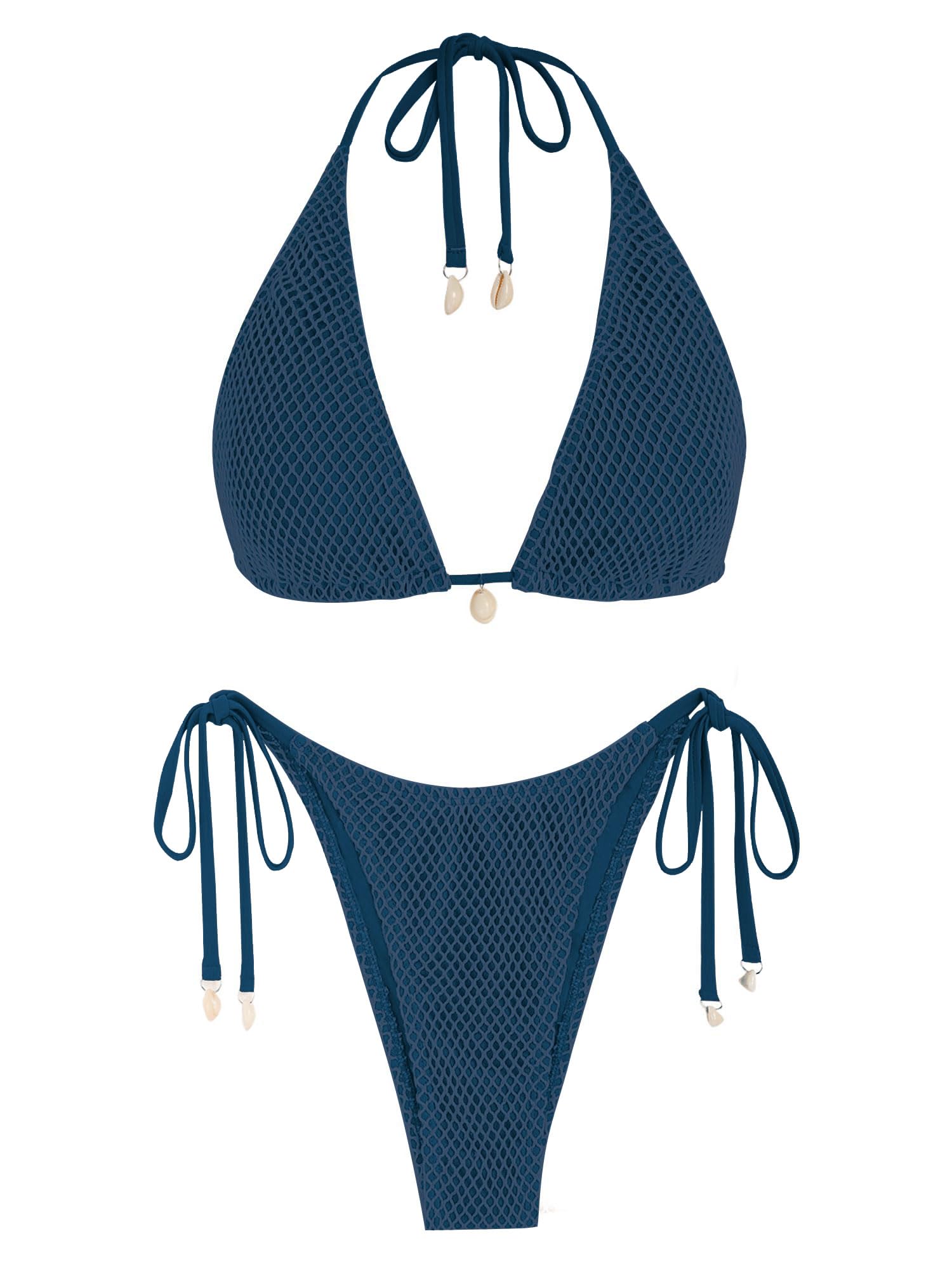 Women's Multiway Triangle Bikini â€?Fishnet Tie-Side Bandeau & Halter Swimsuit Set