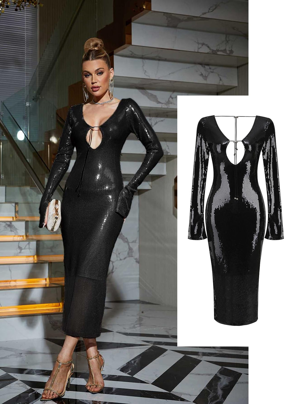 Deep V Dress with Drawstring Long Sleeve Sequin Dress for Women Long Gown