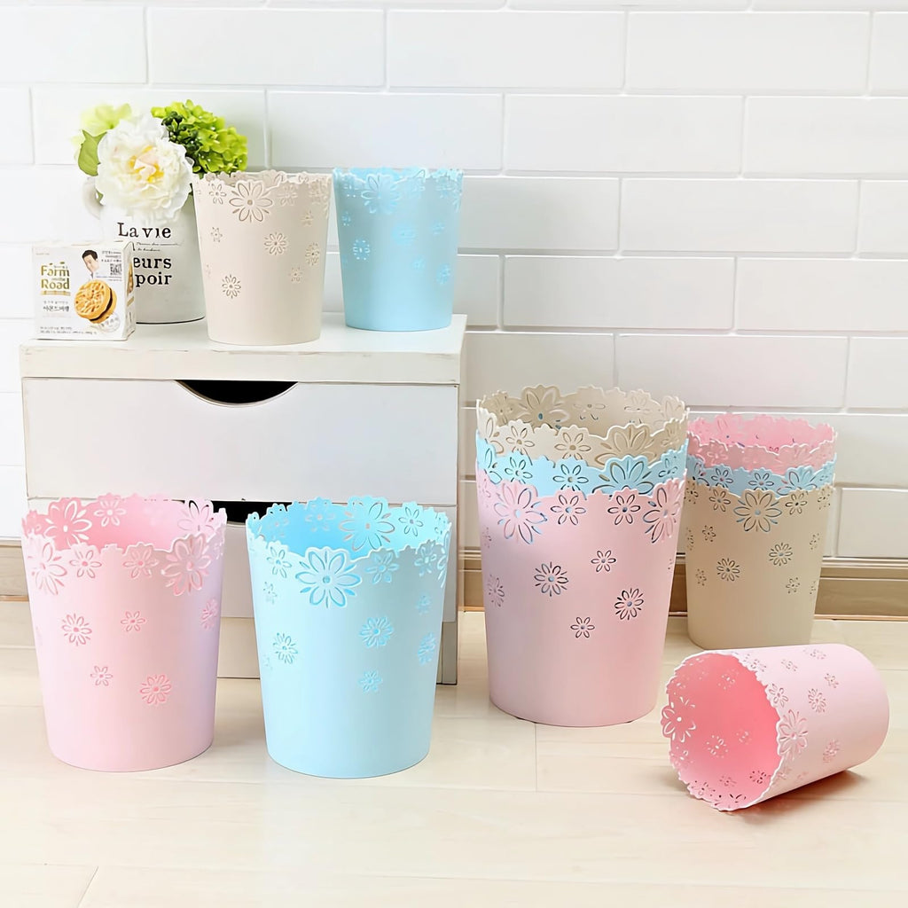 Mini Wastebasket Small Trashcan Room Decor Hollow Flower Shape Plastic Lidless Round Garbage Container Bin for Bathroom, Kitchen, Bedroom, Home Office, College Dormitory