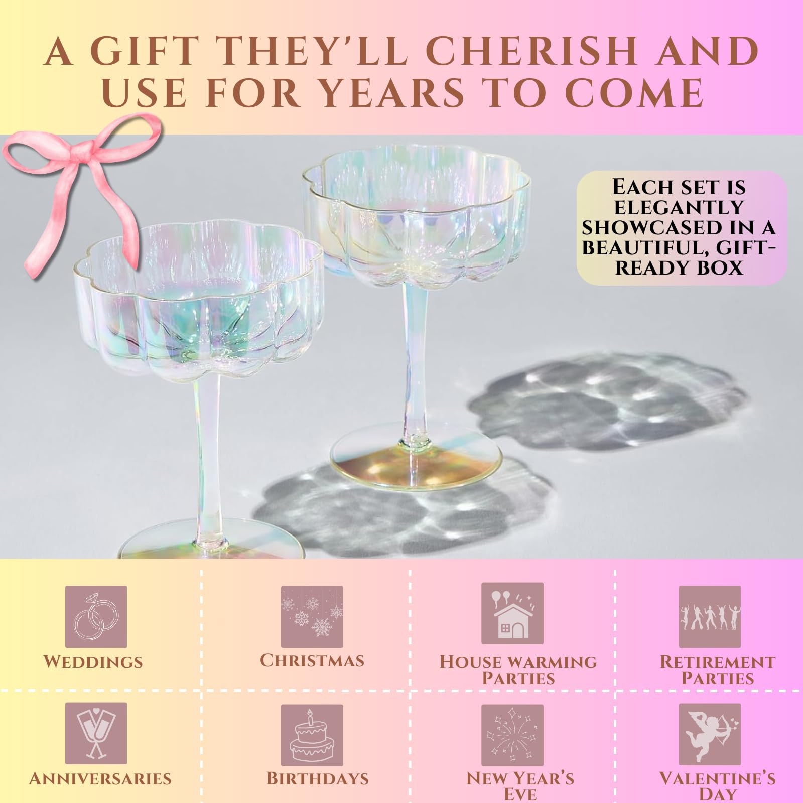 Shatterproof Acrylic Flower Wavy Vintage Art Deco Martini, Champagne & Cocktail Muted Pastel Color Plastic Tritan Coupe Glasses