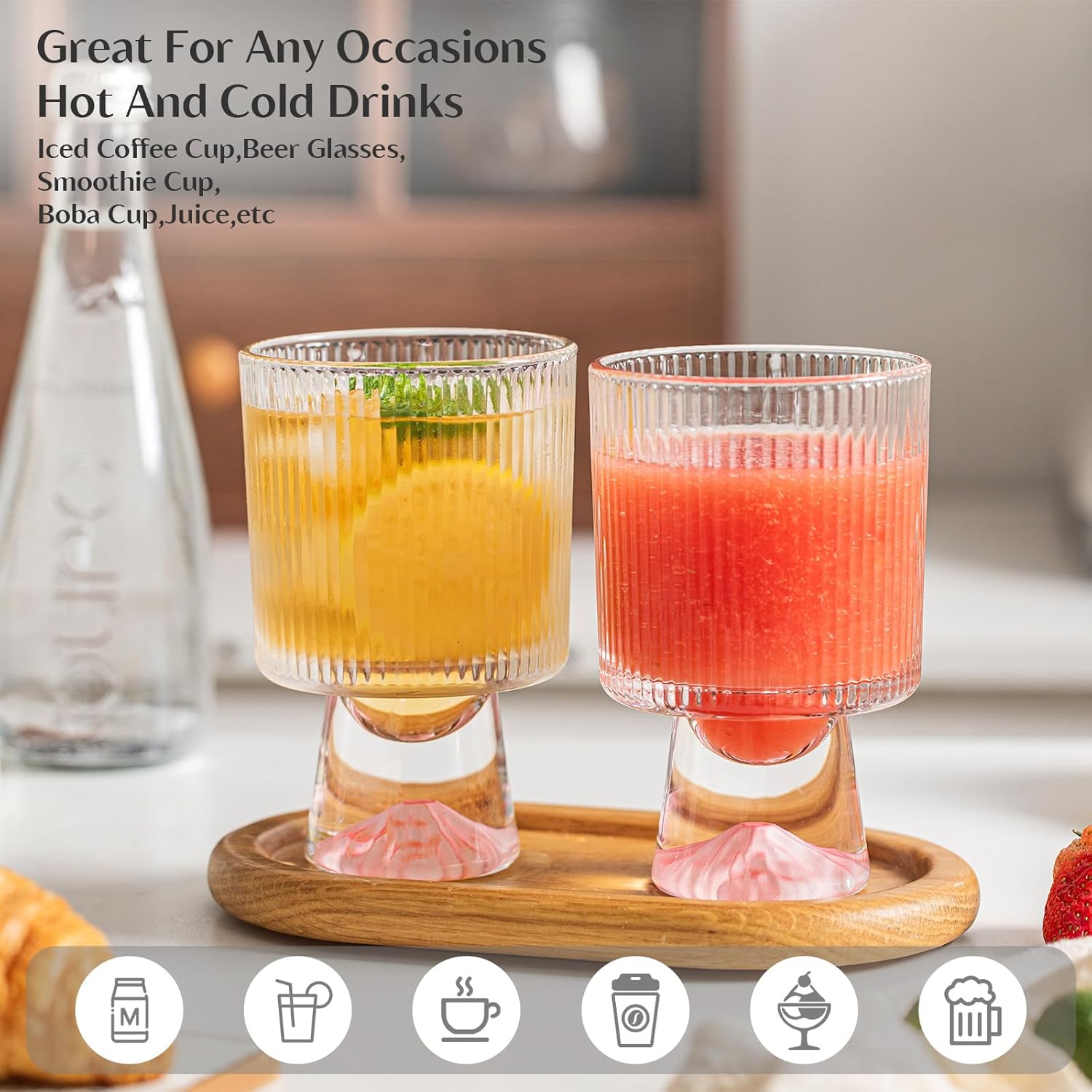 Durable Glass 4-Piece Clear Ribbed Cocktail Glasses, 12oz Featuring a Stabilizing Conical Base with a Pink Ombre Finish