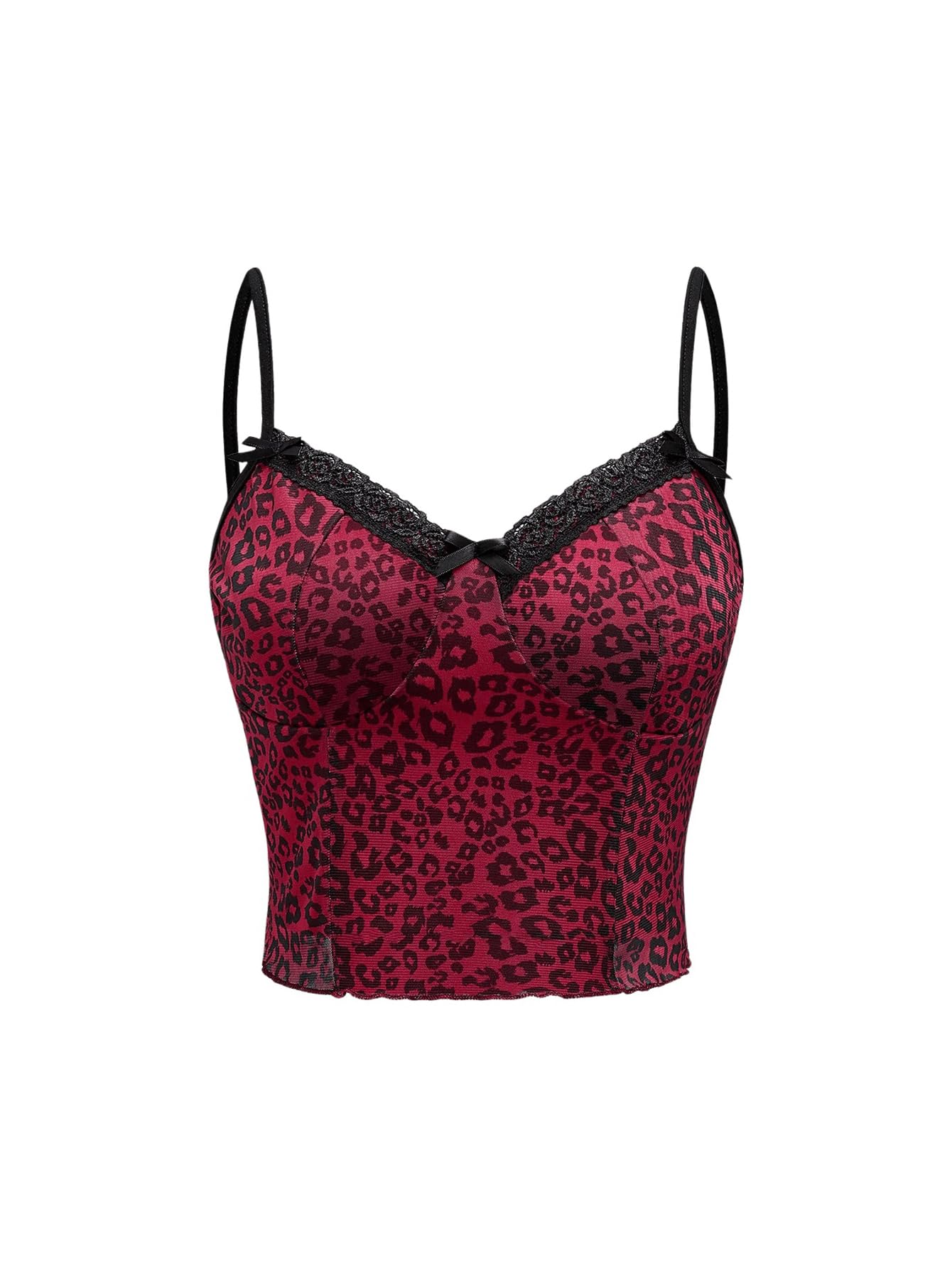 Women's Y2k Lace Trim Leopard Print Camisole Tops Sleeveless Spaghetti Strap Cheetah Crop Tank Top