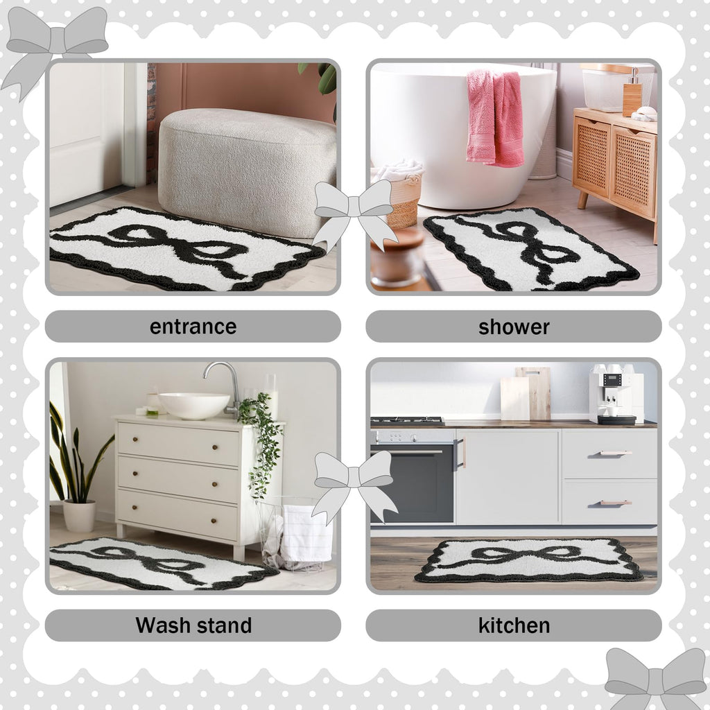 Scalloped Bow Bathroom Mat Non Slip Coquette Bow Rug Cute Aesthetic Scallop Carpet Preppy Room Decor Microfiber Absorbent Bath Rug for Bathroom Bathtub Shower Bedroom(Black,16" X 24")