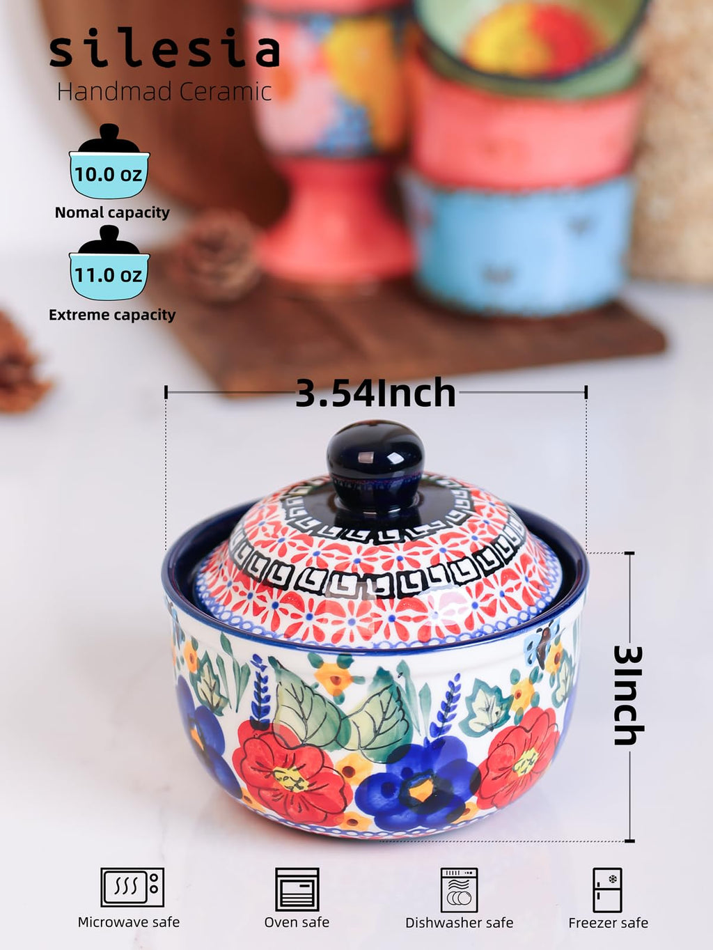 Handmade Sugar Bowl with Lid and Spoon, 10 Ounce Ceramic Hand-Painted Sugar Jar for Kitchen Oven, Dishwasher & Microwave Safe, Glazed