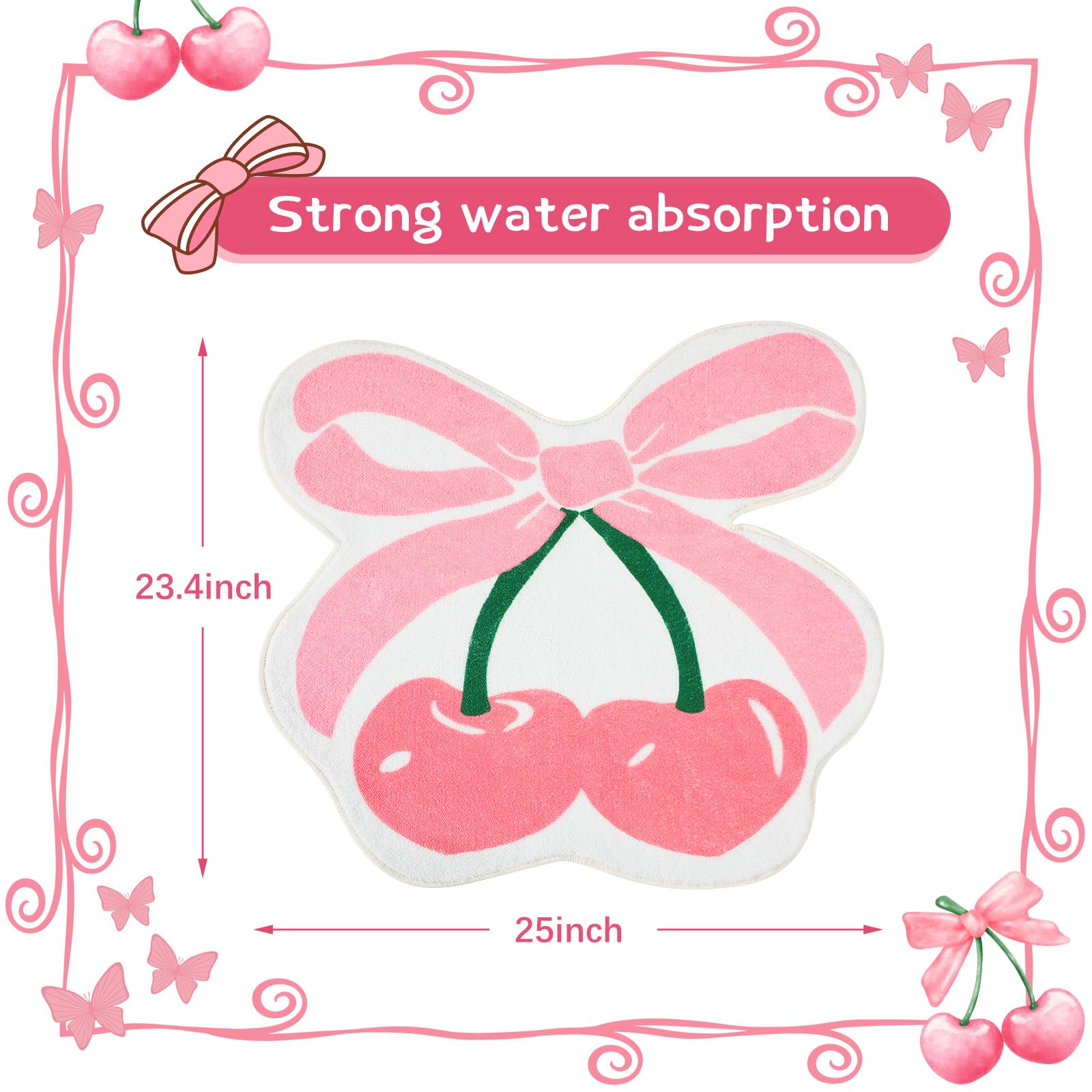 Cherry Bow Bathroom Rugs, Coquette Bow Rugs for Home Decor Cute Soft Tufted Mats Non Slip Absorbent Floor Carpet for Bathroom Bedroom Porch Kitchen, 25 x 23 Inches(Pink)