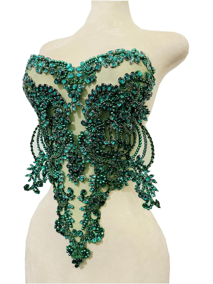 Handmade red/Blue/Gold/Green Rhinestones lace Bodice Applique Sewing Beads Crystal Trim Patches Accessory for Dress Clothes (Rose red)