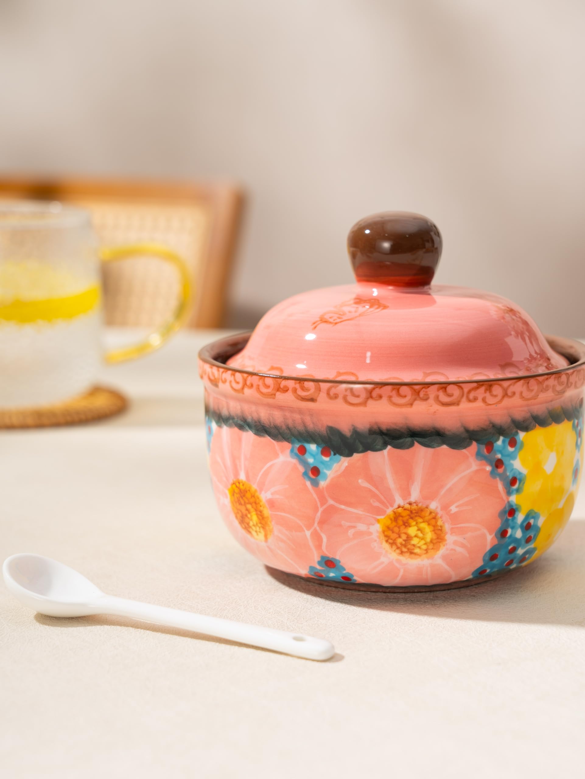 Handmade Sugar Bowl with Lid and Spoon, 10 Ounce Ceramic Hand-Painted Sugar Jar for Kitchen Oven, Dishwasher & Microwave Safe, Glazed