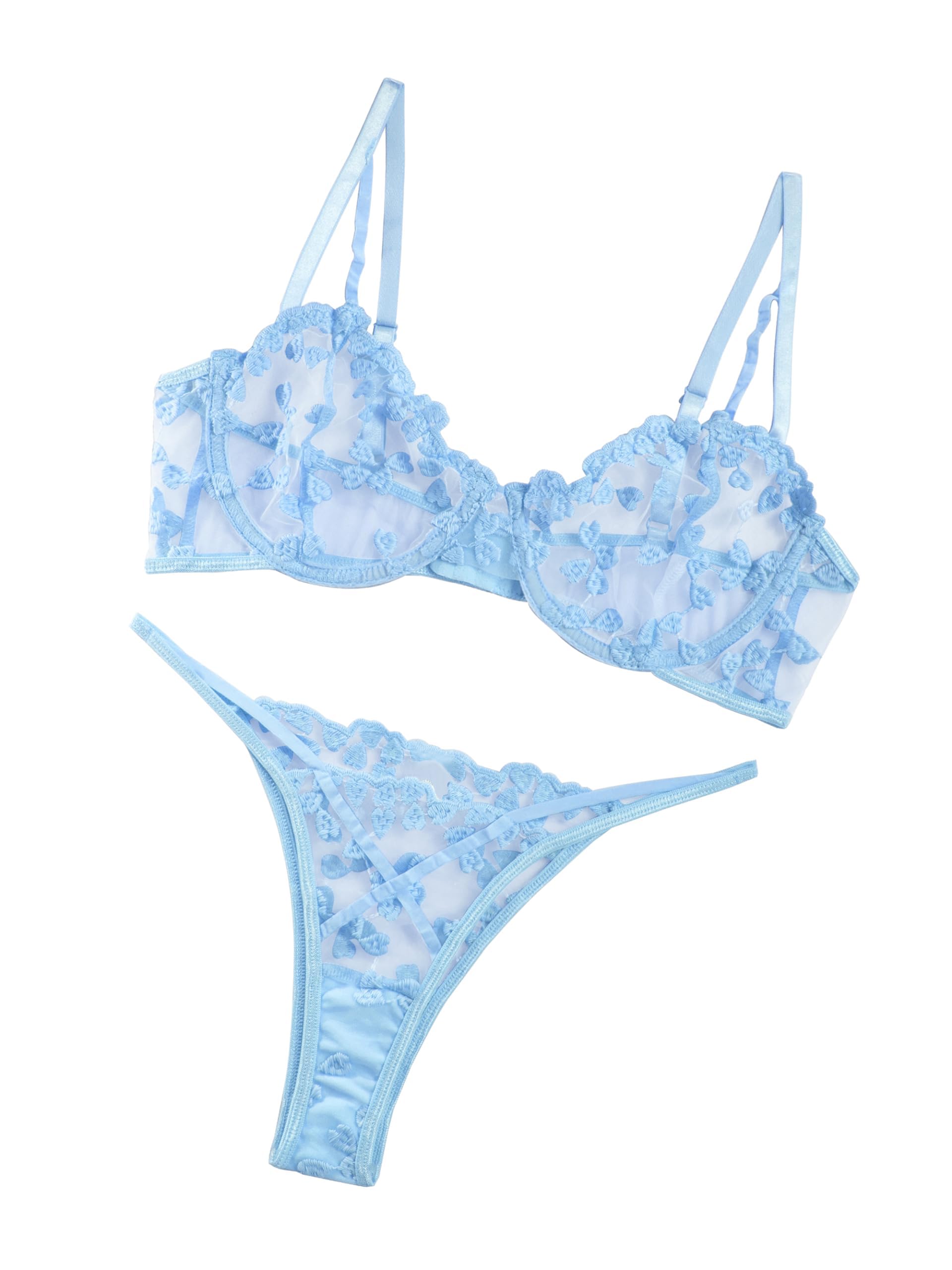 Sexy Embroidered Mesh Lingerie Set â€?Sheer Strappy Push-Up Bra & Panty