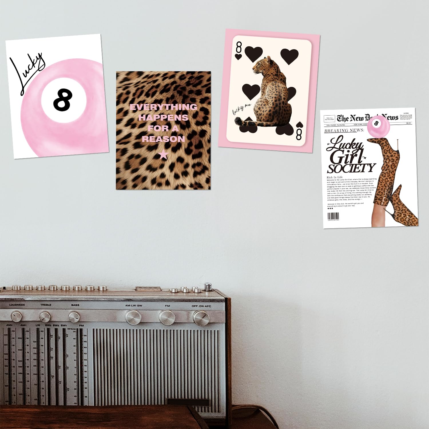Trendy Leopard Wall Art Prints Set of 4 Funky Lucky 8 Ball Posters Prints Preppy Room Aesthetic Cheetah Wall Decor for Girls Room Dorm Apartment 8x10 Unframed
