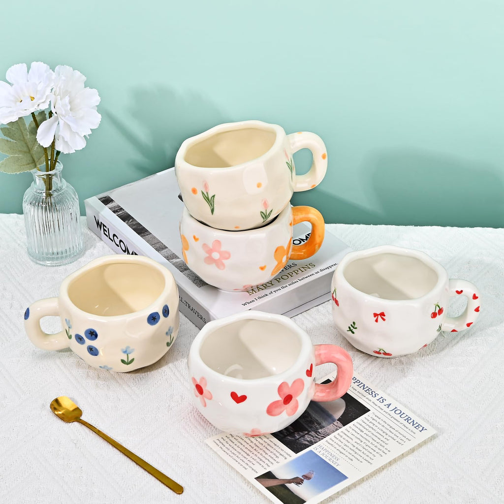 Ceramic Coffee Mug with Saucer Set, Cute Creative Cup Unique Irregular Design, 10 oz/300 ml