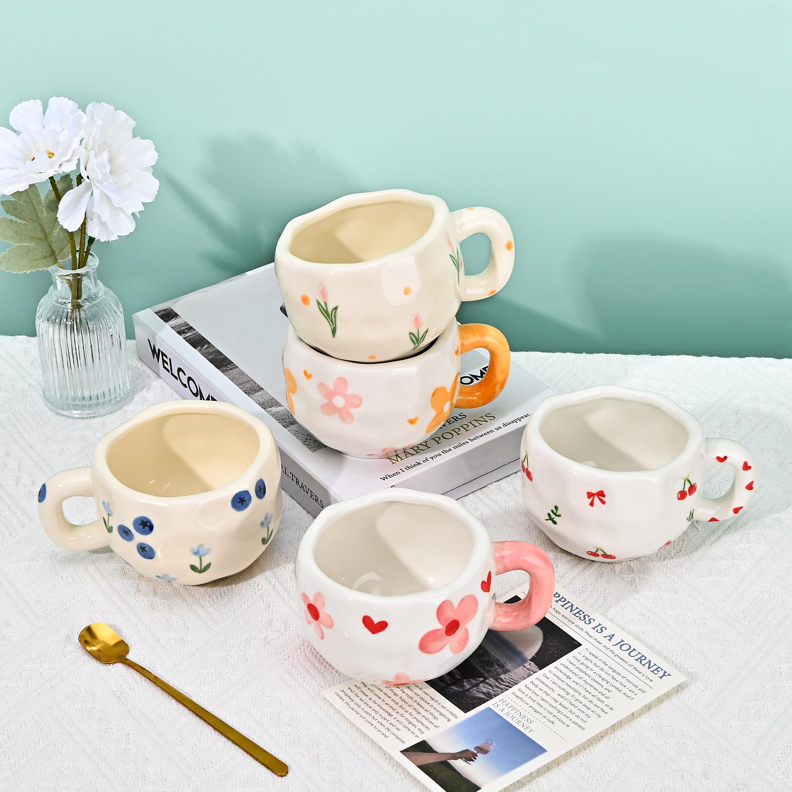 Ceramic Coffee Mug with Saucer Set, Cute Creative Cup Unique Irregular Design, 10 oz/300 ml