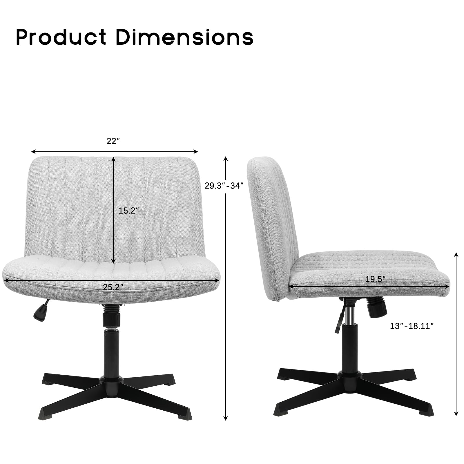 Criss Cross Chair, Armless Cross Legged Office Desk Chair No Wheels, Fabric Padded Modern Swivel Height Adjustable Mid Back Wide Seat