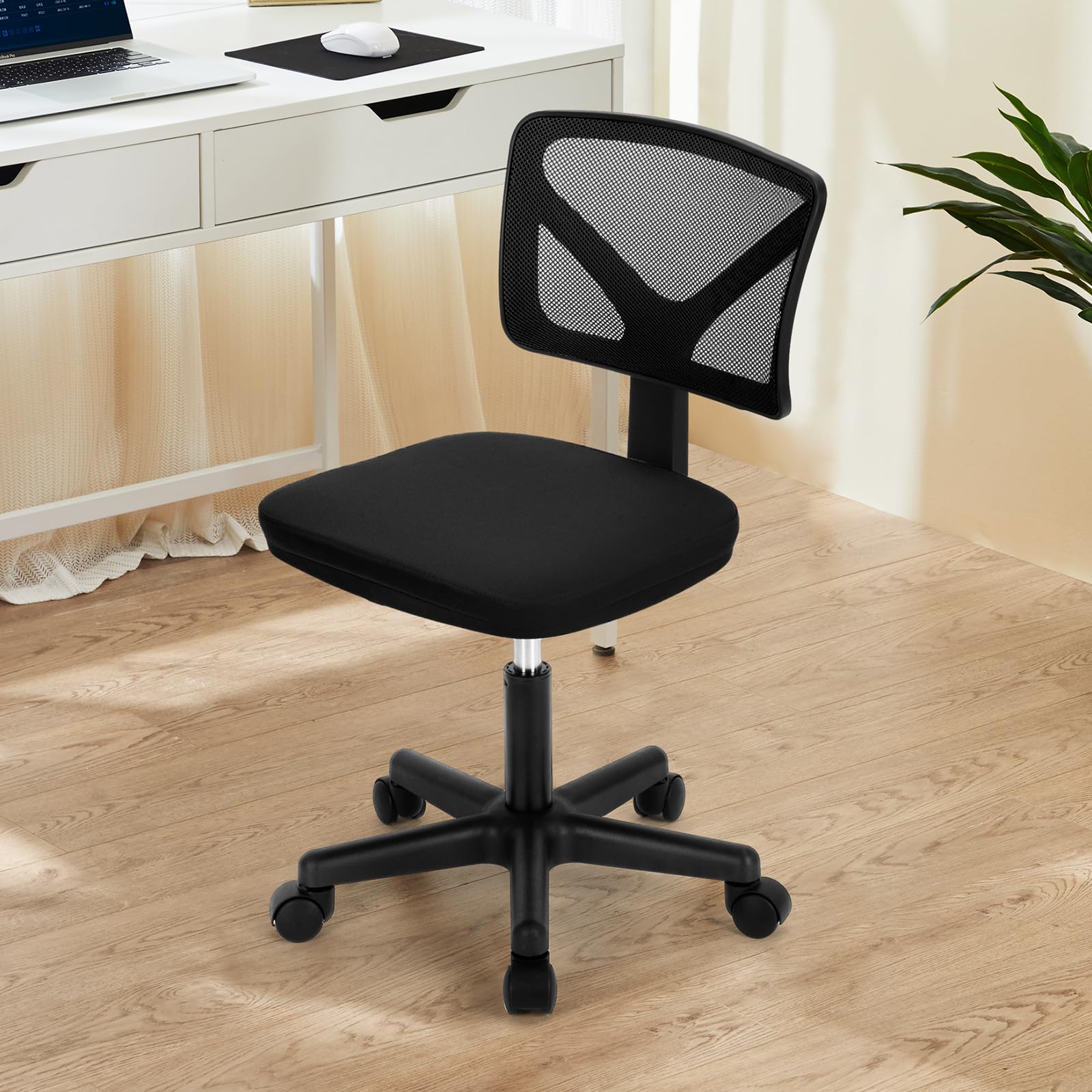 Vanity Swivel Armless Desk Chairs with Wheels, Ergonomic Adjustable Home Office Rolling Task Chair, Comfy Mesh Mid Back