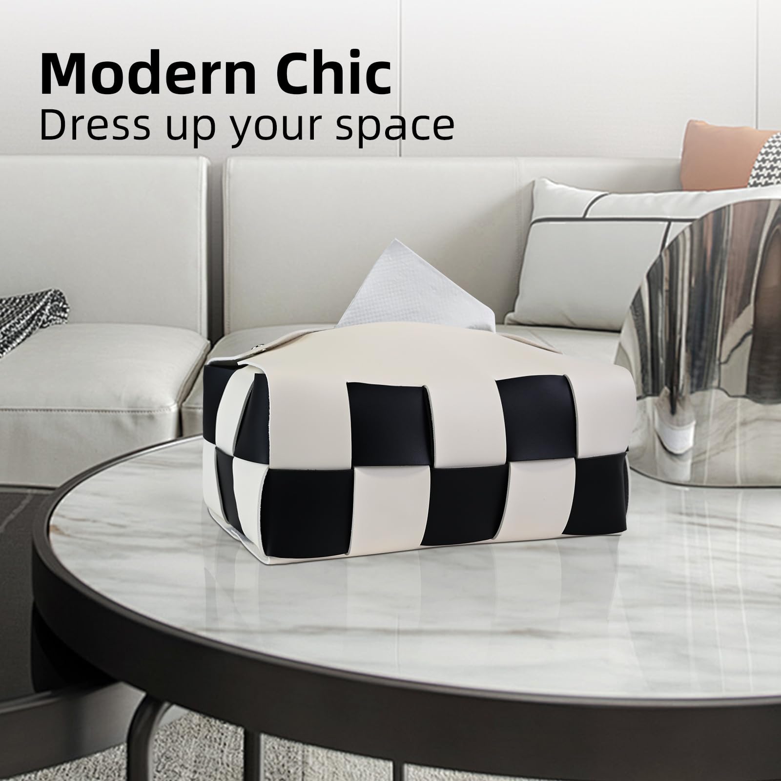 PU Leather Tissue Box Holder with Metal Buckle, Checkered Tissue Box, Decorative Organizer