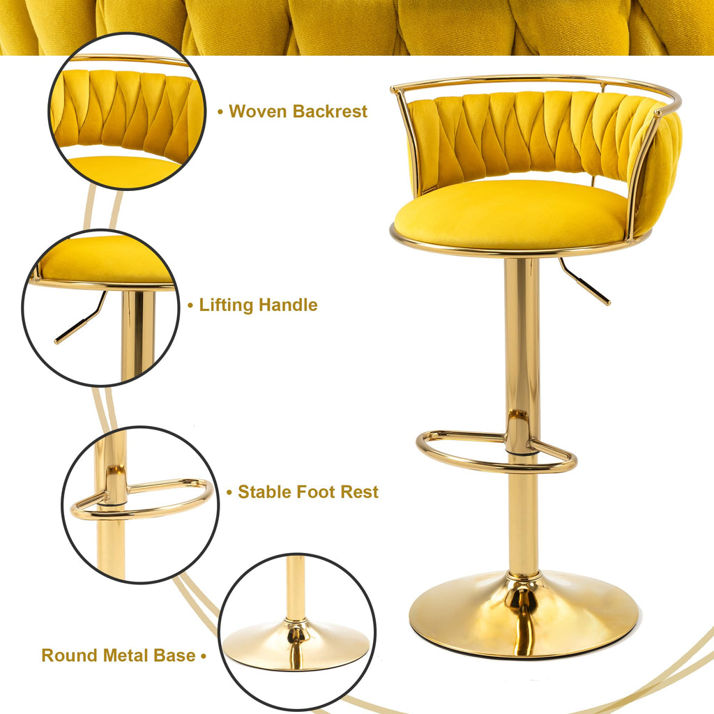 Velvet Swivel Bar Stools, Adjustable Counter Height Bar Chairs with Low Back & Footrest, Modern Gold Bar Stools for Kitchen Island, Bar Pub