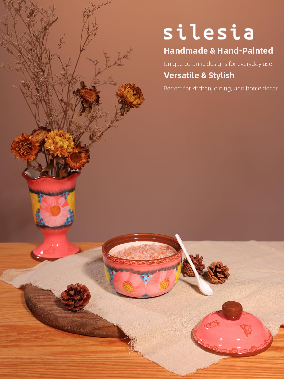 Handmade Sugar Bowl with Lid and Spoon, 10 Ounce Ceramic Hand-Painted Sugar Jar for Kitchen Oven, Dishwasher & Microwave Safe, Glazed