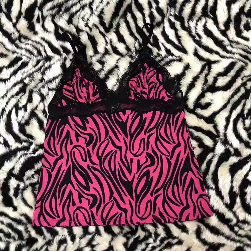 Emo Coquette Cropped Top Grunge 2000s Spaghetti Strap Tops Streetwear Vintage Camisole Y2k Cheetah Tops