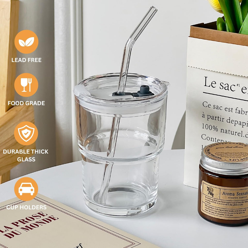 Glass Tumbler with Straw and Lid, Reusable Iced Coffee Cup Tumbler, Cute Glass Cups 13oz