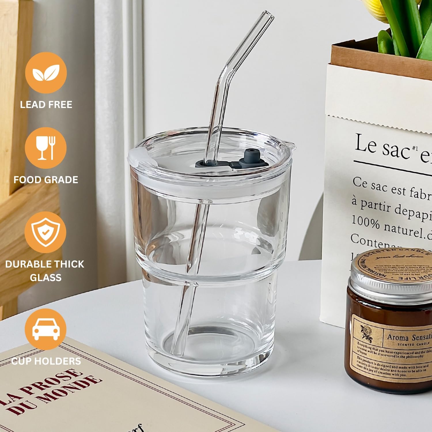 Glass Tumbler with Straw and Lid, Reusable Iced Coffee Cup Tumbler, Cute Glass Cups 13oz