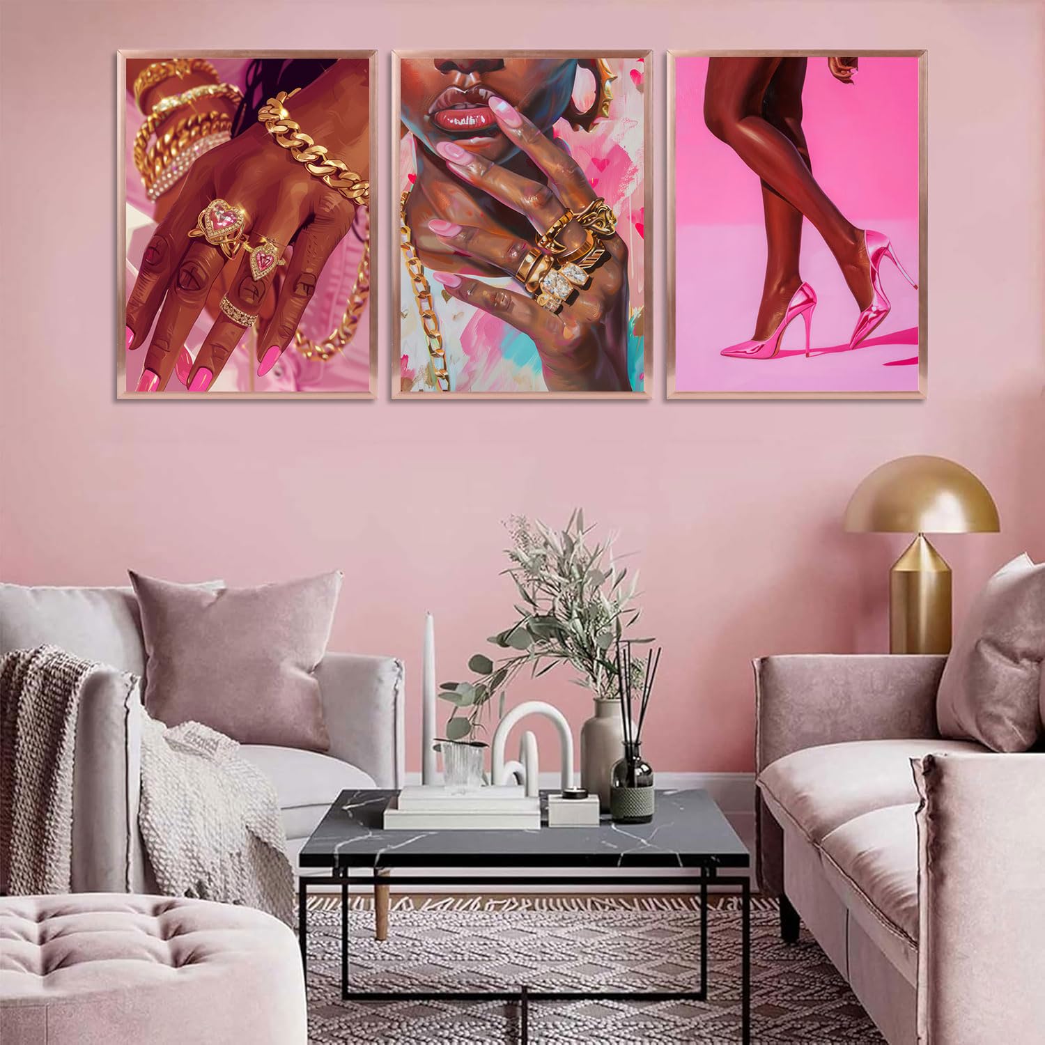 Pink Fashion Black Girl Canvas Wall Art - Gorgeous Black Girl Posters Prints for Living Room Bedroom Artwork Home Decoration Unframed