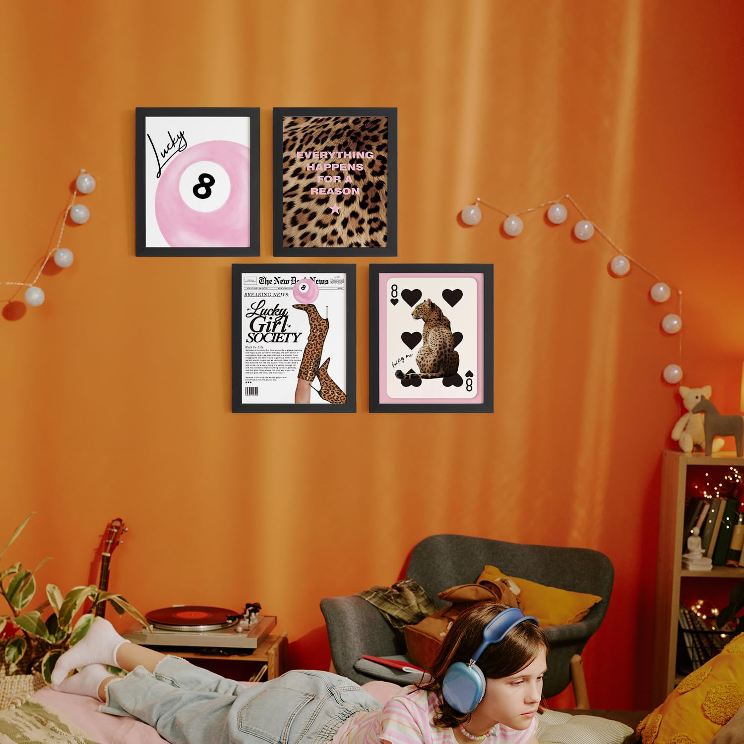 Trendy Leopard Wall Art Prints Set of 4 Funky Lucky 8 Ball Posters Prints Preppy Room Aesthetic Cheetah Wall Decor for Girls Room Dorm Apartment 8x10 Unframed