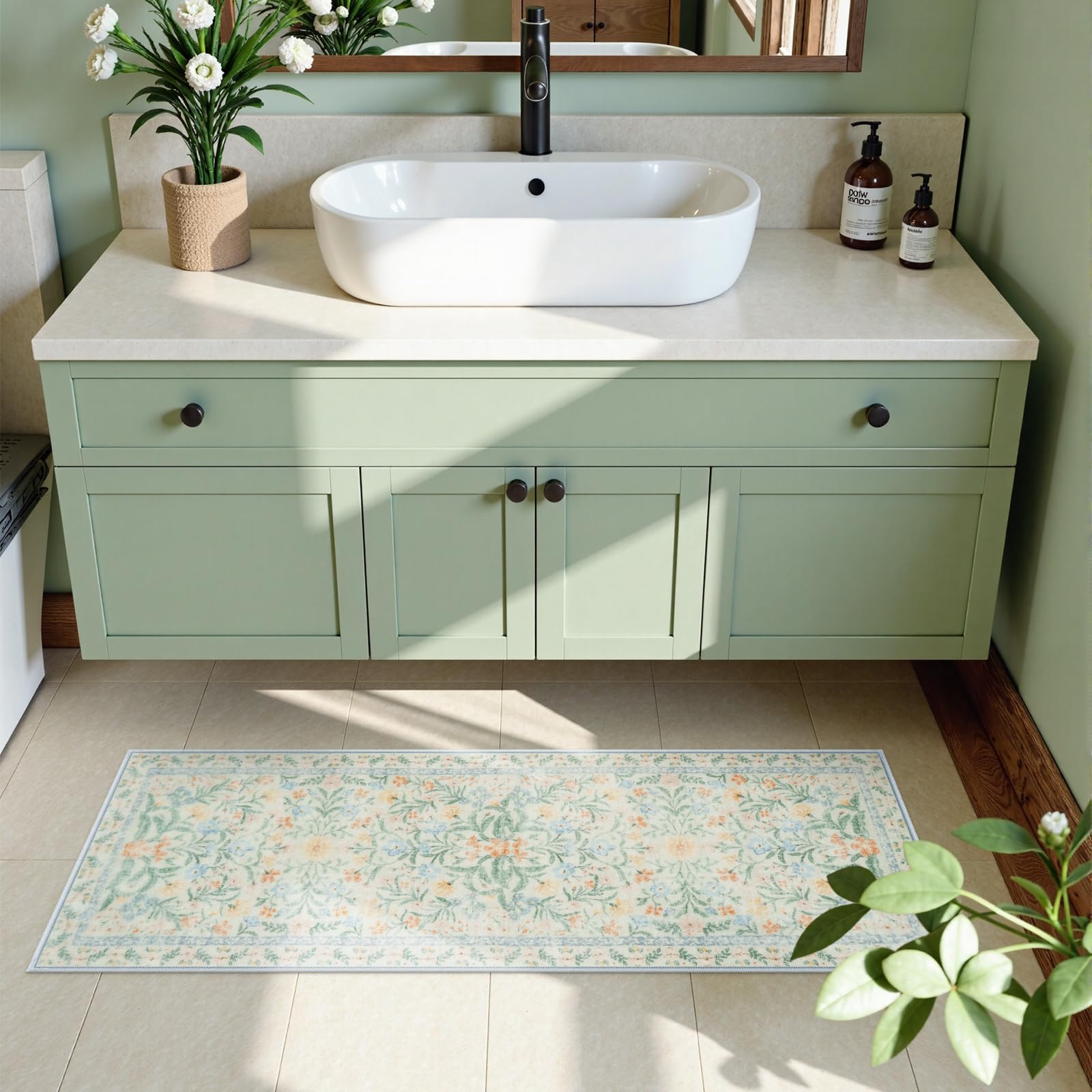 New Boho Floral Bath Rugs, Non Slip Washable Bathroom Rugs Fit Under Door, Ultra Soft and Absorbent Bath Mat