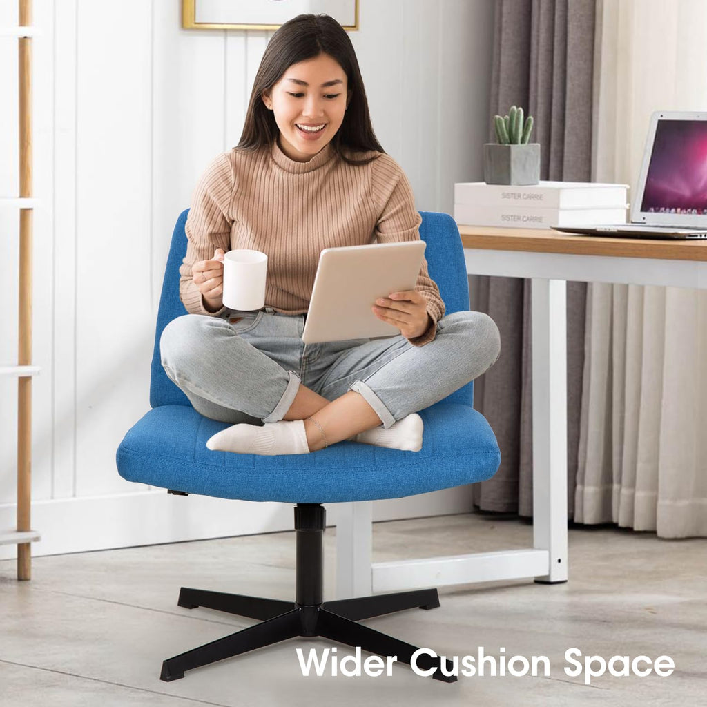 Criss Cross Chair, Armless Cross Legged Wide Comfty Desk Chair with No Wheels Modern Height Adjustable, Swivel Fabric Vanity Chair