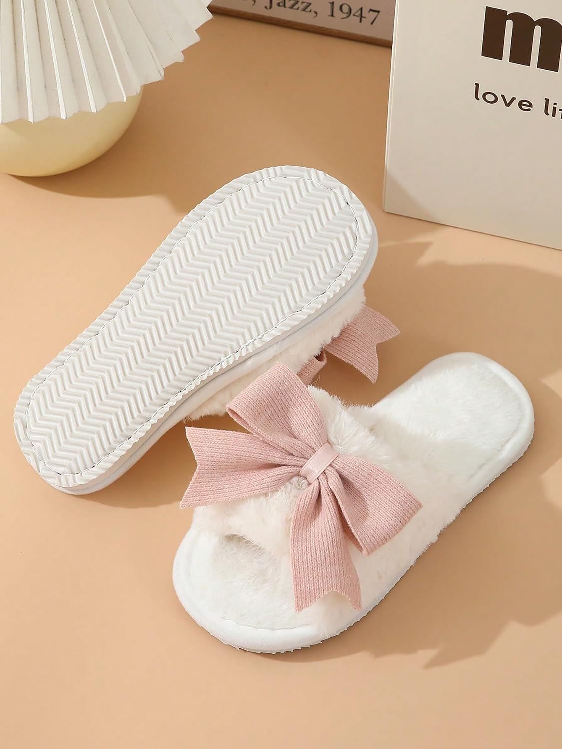 Women's Cute Bow Decor Fuzzy Open Toe Indoor Home Slippers Fashionable Warm Comfy Furry Outdoor Slippers