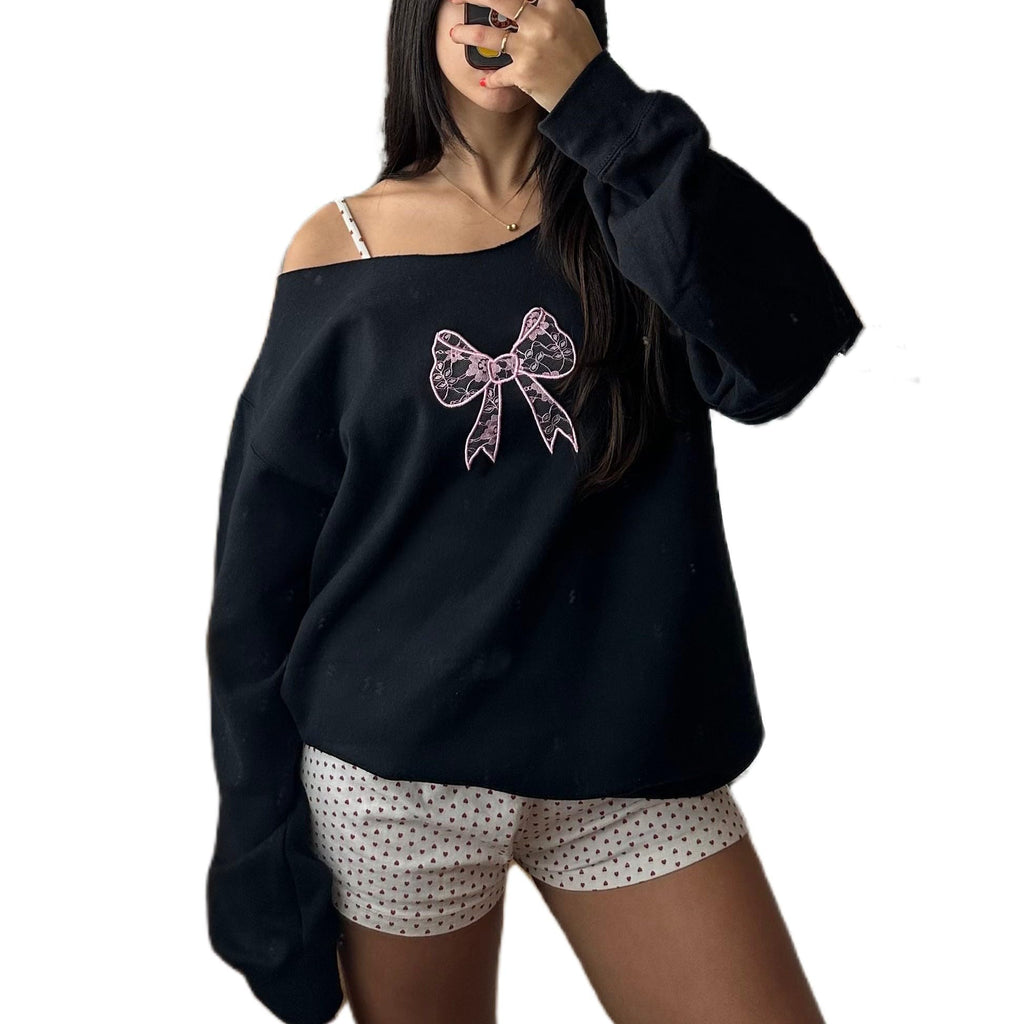 Women Y2k Off Shoulder Sweatshirt Long Sleeve Bow Print Pullover Top Vintage Graphic Sweatshirt
