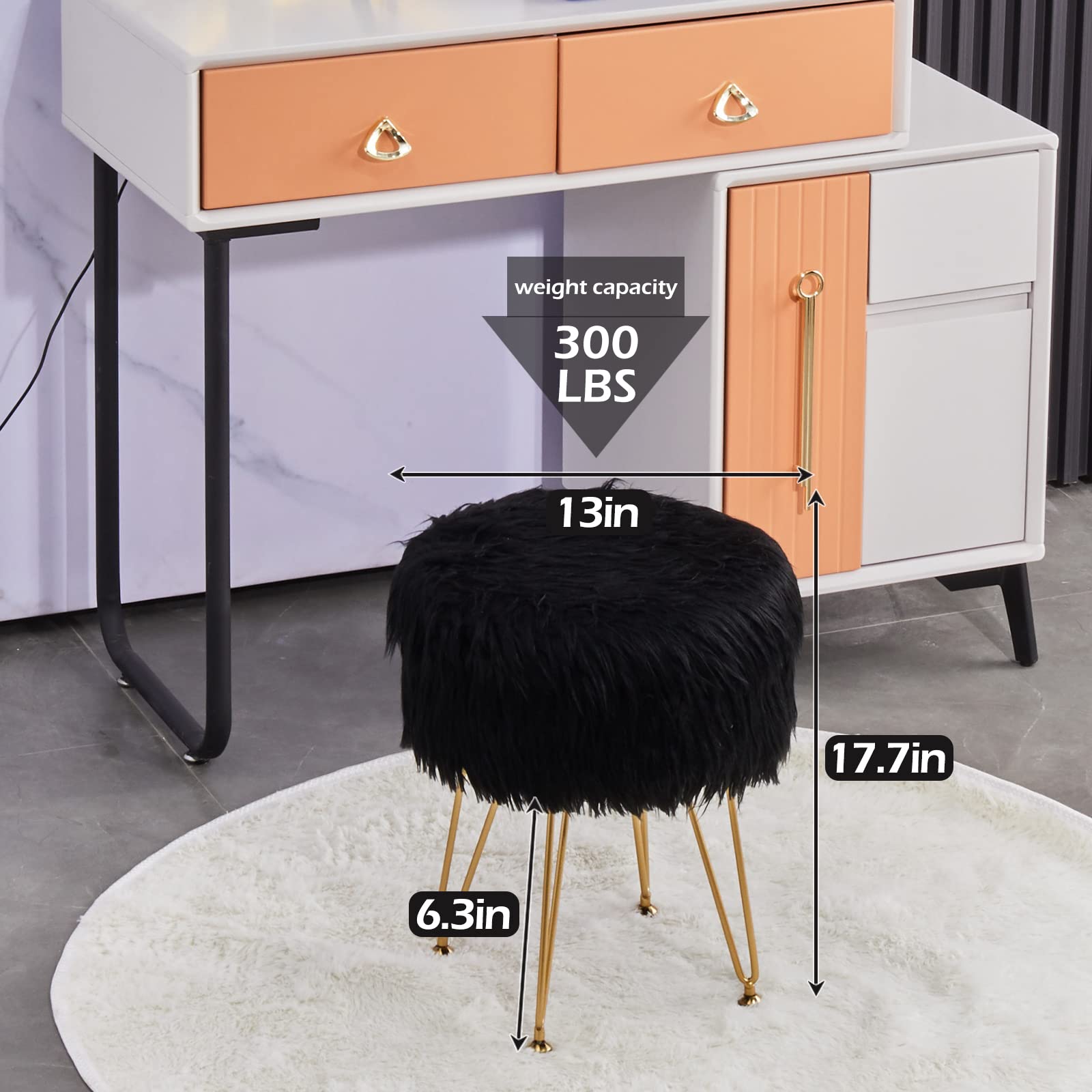 Faux Fur Storage Ottoman Round Furry Vanity Stool Marble Grain Tray Coffee Table Compact Footrest Stool with 4 Metal Legs Soft Makeup Seat Foot Stools for Living Room Bedroom Entryway