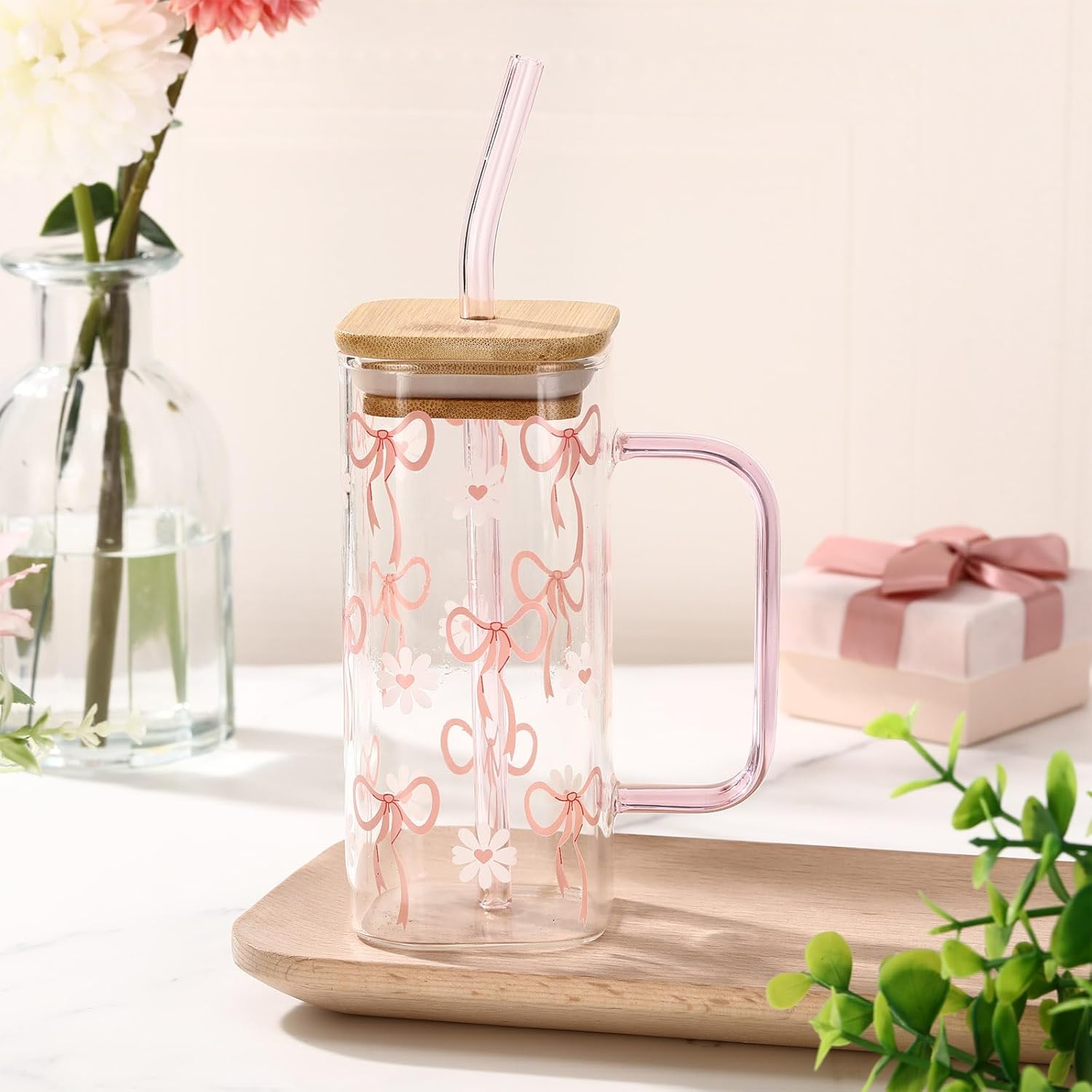 Coquette Pink Bow Glass Cup with Bamboo Lid and Straw for Women, 13. 5oz Coquette Aesthtic Drinking Tumbler Bow Square Cup with Handle