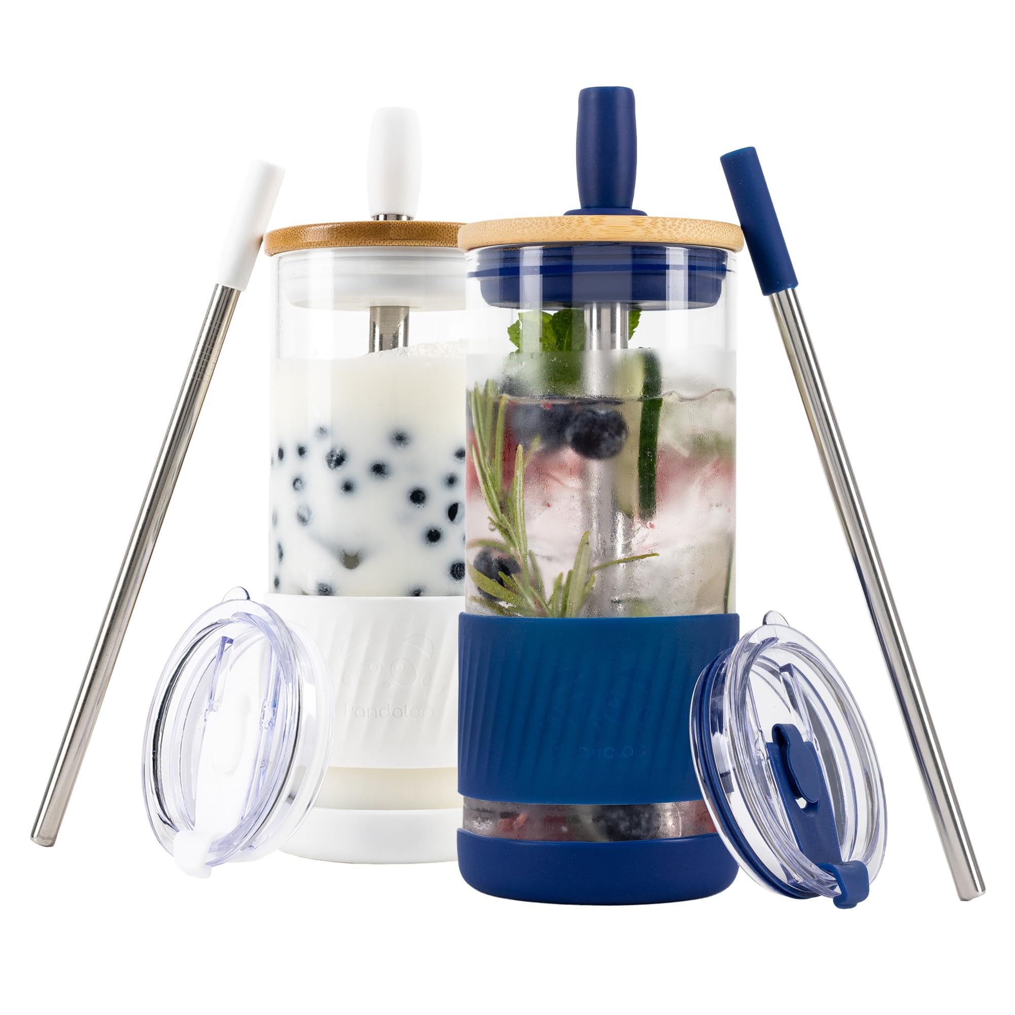 Pandaloo® Glass Cups With Lids and Straws -20 Fl Oz- Perfect Size Iced Coffee Cup - Smoothie Cup With Bamboo Lid and On the go Lid - Glass Tumbler With Straw