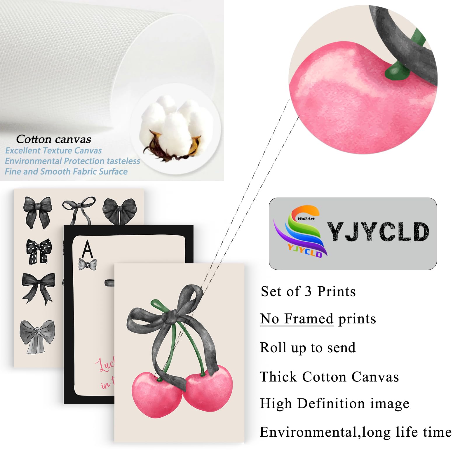 Pink Coquette Trendy Preppy Bow Wall Art Prints Set of 3 Pink Cherry Poker Wall Decor Posters Black Bows lAesthetic