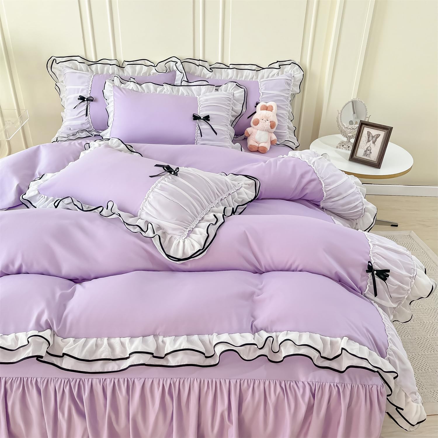 Duvet Cover Ruffle Beddding Set with Bowtie - 3 Pieces Comforter Cover Set with Zipper Closure & Pillowcase - Comforter Not Included