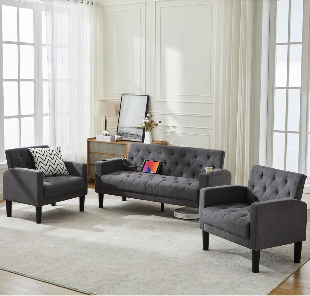 Velvet Loveseat Sofa w/ 2 USB Charger Ports and 2 Cupholders, Mid-Century Modern Tufted